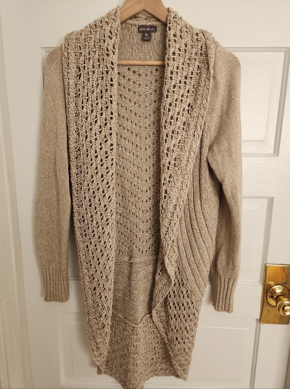 Eddie Bauer Beige Open-Front Knit Shawl Collar Cardigan L